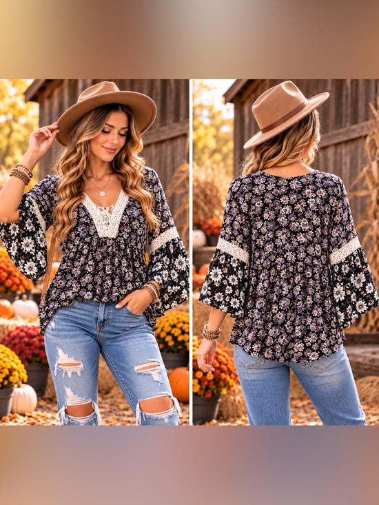 Umgee Tops - Umgee Black Floral Crochet-Trim Peasant Blouse